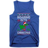 Roaring Into Christmas Dinosaur Ugly Christmas Trex Dino Gift Tank Top