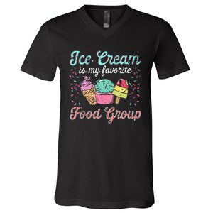 Retro Ice Cream Is My Favorite Food Group Ice Cream Saying V-Neck T-Shirt