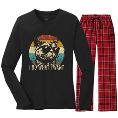 Retro I do what I want cat funny cat lover retro Women's Long Sleeve Flannel Pajama Set 