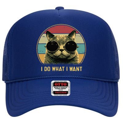 Retro I Do What I Want Funny Cat Lover High Crown Mesh Back Trucker Hat