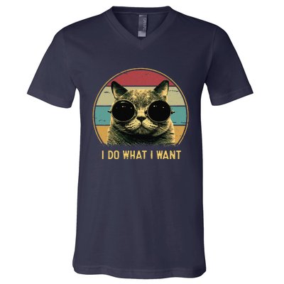 Retro I Do What I Want Funny Cat Lover, Cat Dad, Cat Mom V-Neck T-Shirt