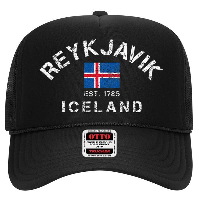 Reykjavik Iceland Est. 1785 Flag Souvenir Gift High Crown Mesh Back Trucker Hat