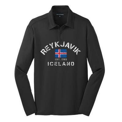 Reykjavik Iceland Est. 1785 Flag Souvenir Gift Silk Touch Performance Long Sleeve Polo