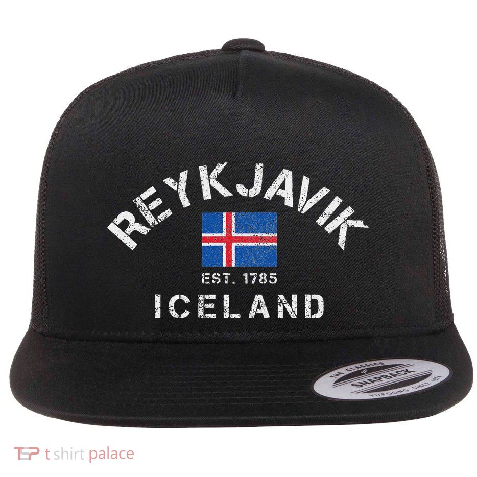 Reykjavik Island Est. 1785 Flag Souvenir Gift Flat Bill Trucker Hat