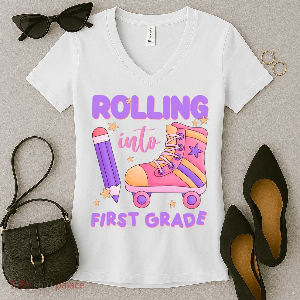 Rolling Into First Grade Cute Women's V-Neck T-Shirt