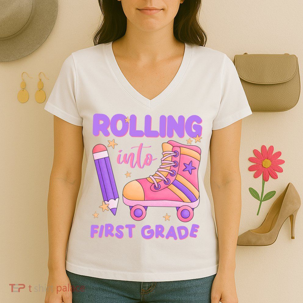 Rolling Into First Grade Cute Women's V-Neck T-Shirt