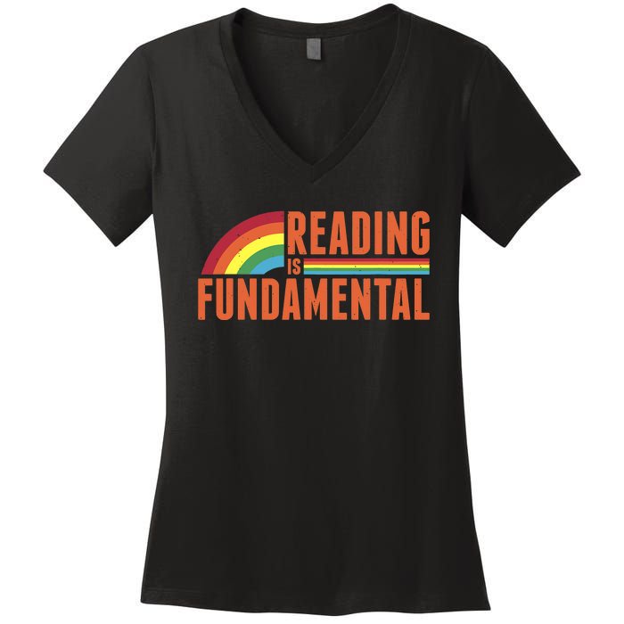 Reading Is Fundamental Retro Rainbow Book Worm Women's V-Neck T-Shirt