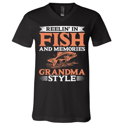 Reelin In Fish And Memories Grandma Style Grandma Fishing V-Neck T-Shirt