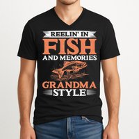 Reelin In Fish And Memories Grandma Style Grandma Fishing V-Neck T-Shirt