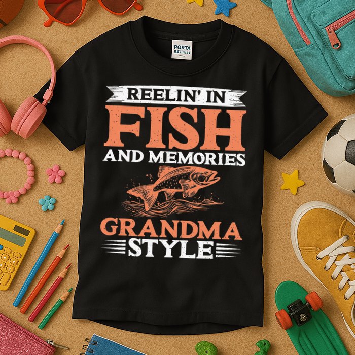 Reelin In Fish And Memories Grandma Style Grandma Fishing Kids T-Shirt