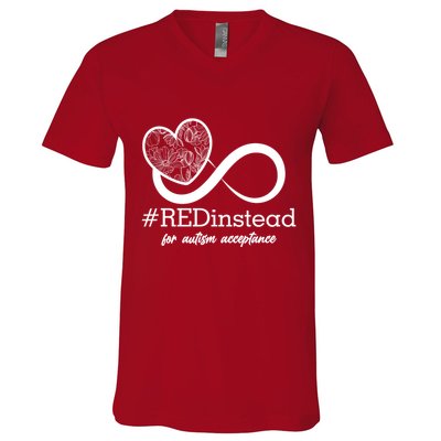 #Red Instead For Autism Acceptance V-Neck T-Shirt