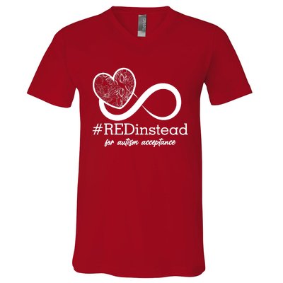 #Red Instead For Autism Acceptance V-Neck T-Shirt