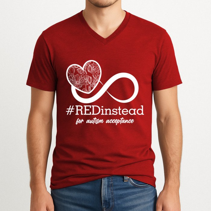 #Red Instead For Autism Acceptance V-Neck T-Shirt