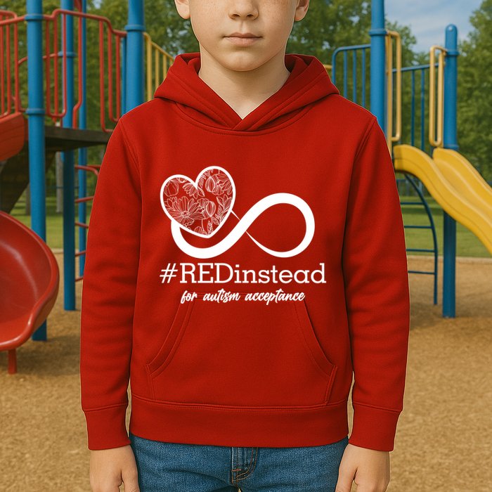 #Red Instead For Autism Acceptance Kids Hoodie