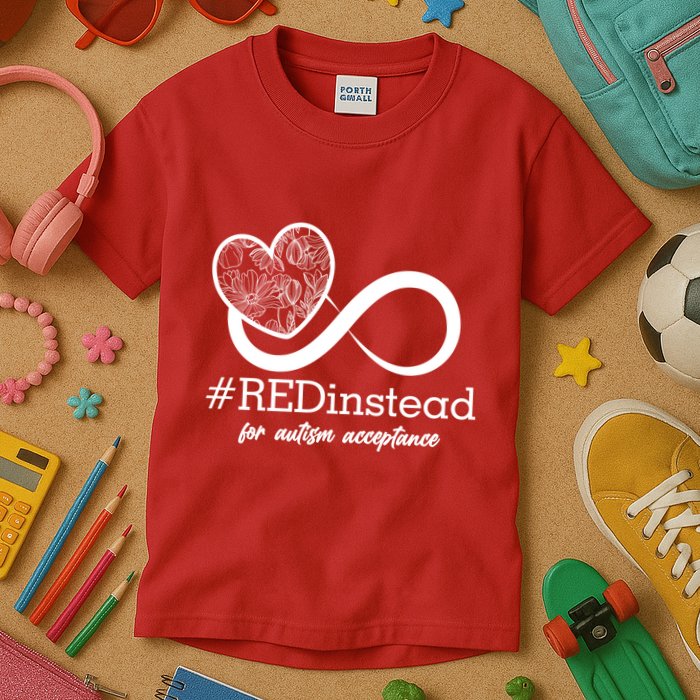 #Red Instead For Autism Acceptance Kids T-Shirt