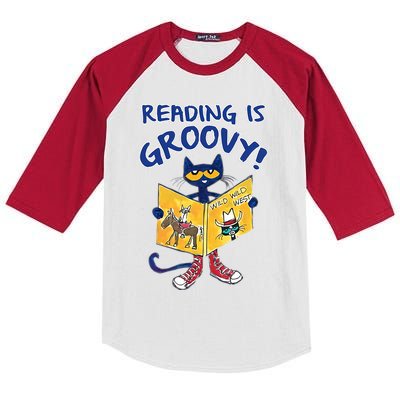 Reading Is Groovy Librarian Read Books Funny Cat Reading Lover Kids Colorblock Raglan Jersey