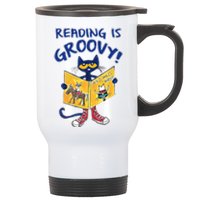 Reading Is Groovy Librarian Read Books Funny Cat Reading Lover Stainless Steel Travel Mug