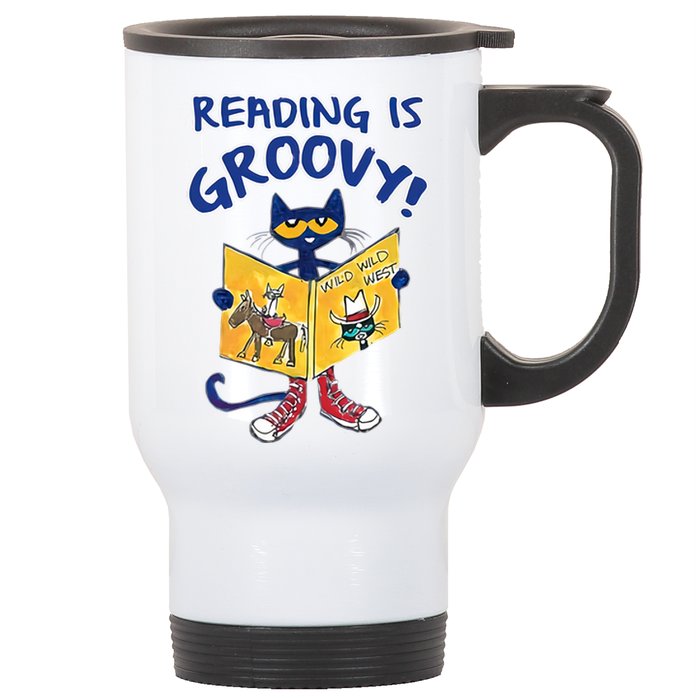 Reading Is Groovy Librarian Read Books Funny Cat Reading Lover Stainless Steel Travel Mug