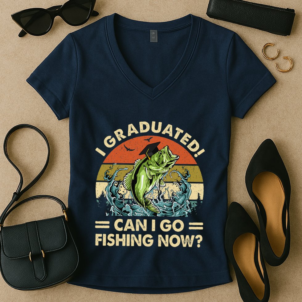 Retro I Graduated Can I Go Fishing Now Cute Graduation Women's V-Neck T-Shirt