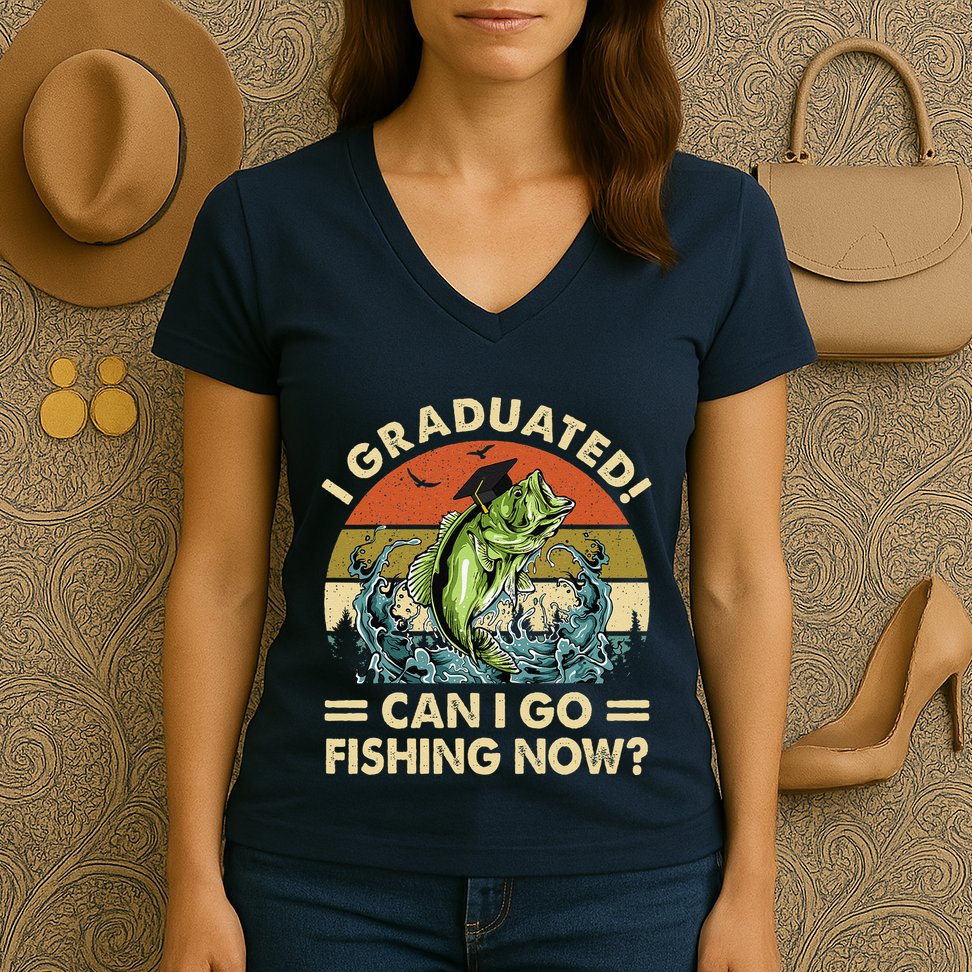 Retro I Graduated Can I Go Fishing Now Cute Graduation Women's V-Neck T-Shirt