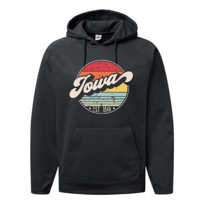 Retro Iowa Home State IA Cool 70s Style Sunset Performance Fleece Hoodie