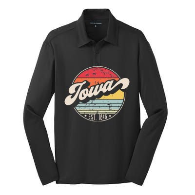 Retro Iowa Home State IA Cool 70s Style Sunset Silk Touch Performance Long Sleeve Polo