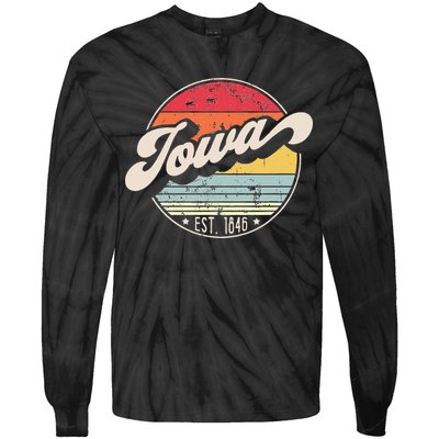 Retro Iowa Home State IA Cool 70s Style Sunset Tie-Dye Long Sleeve Shirt
