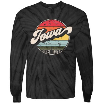 Retro Iowa Home State IA Cool 70s Style Sunset Tie-Dye Long Sleeve Shirt