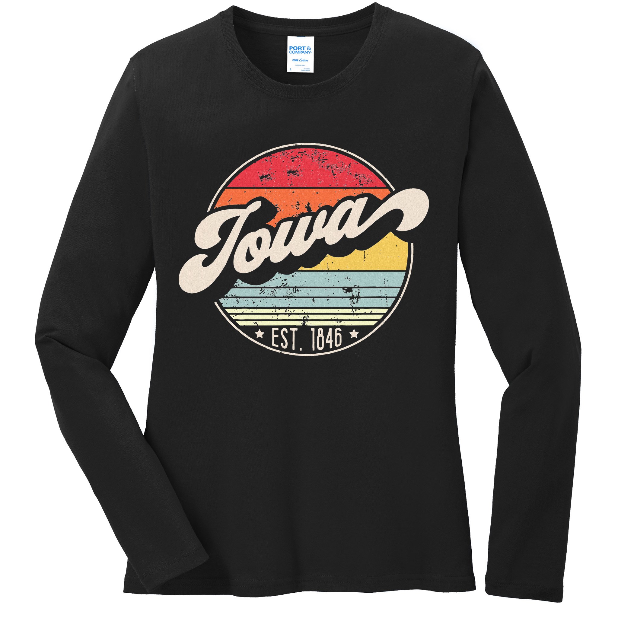 Retro Iowa Home State IA Cool 70s Style Sunset Ladies Long Sleeve Shirt