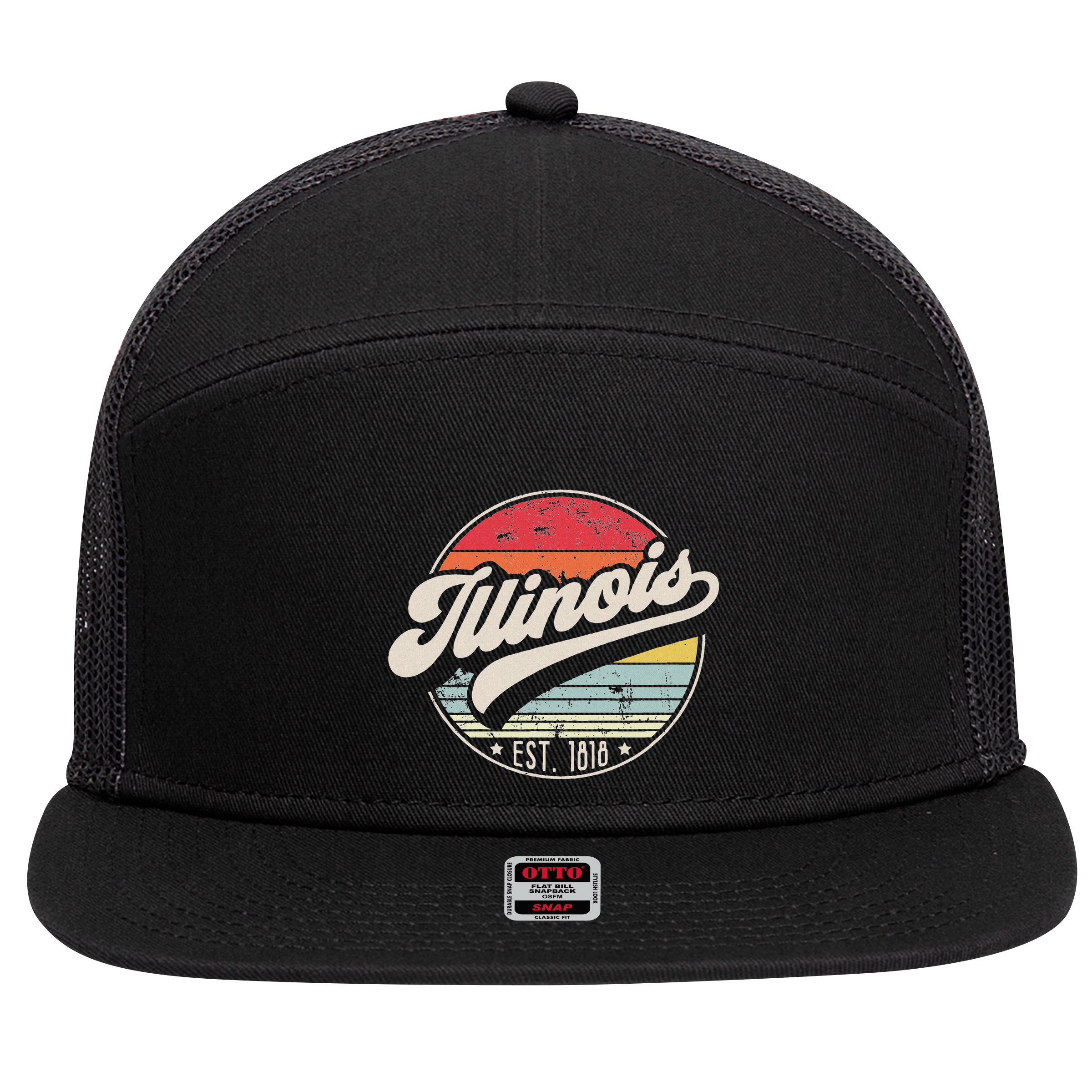 Retro Illinois Home State Il Cool 70s Style Sunset 7 Panel Mesh Trucker Snapback Hat