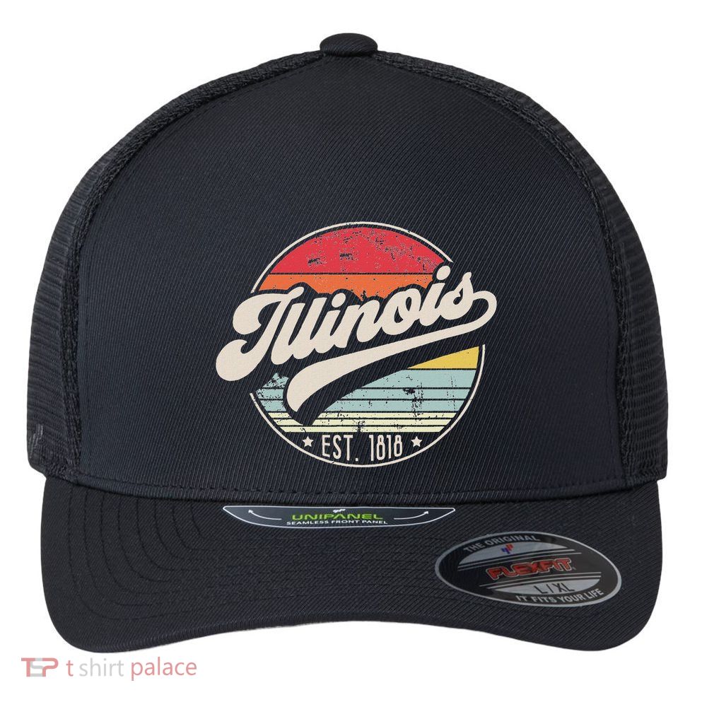 Retro Illinois Home State Il Cool 70s Style Sunset Flexfit Unipanel Trucker Cap