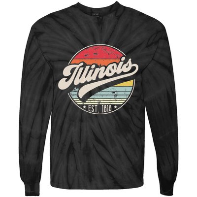 Retro Illinois Home State Il Cool 70s Style Sunset Tie-Dye Long Sleeve Shirt