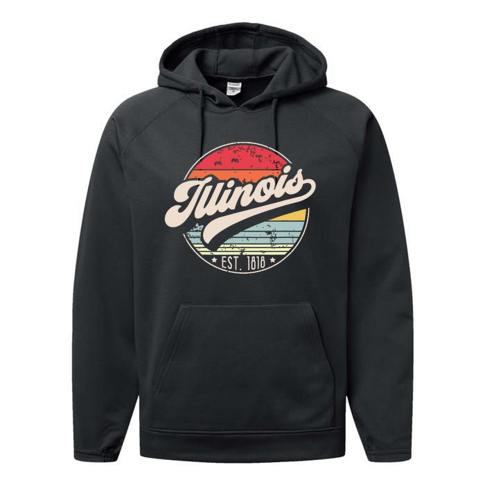 Retro Illinois Home State Il Cool 70s Style Sunset Performance Fleece Hoodie