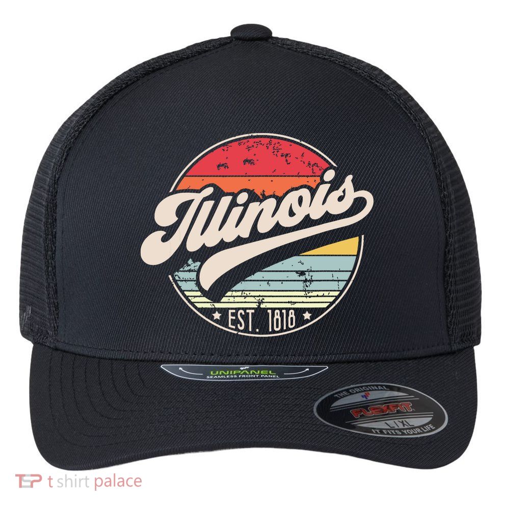Retro Illinois Home State Il Cool 70s Style Sunset Flexfit Unipanel Trucker Cap