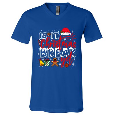 Retro Is It Christmas Break Yet Retro Xmas Winter Saying Gift V-Neck T-Shirt