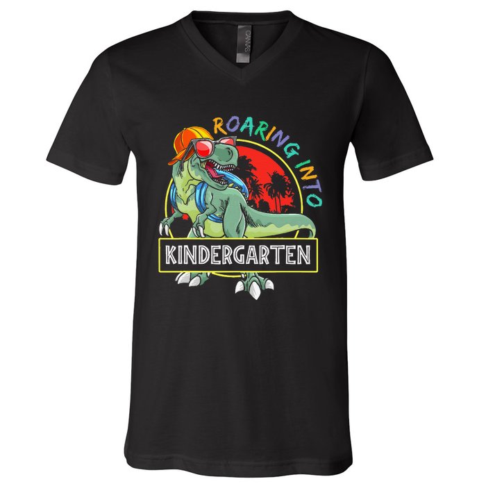 Roaring Into Kindergarten Dinosaur Trex Back To School Gift V-Neck T-Shirt