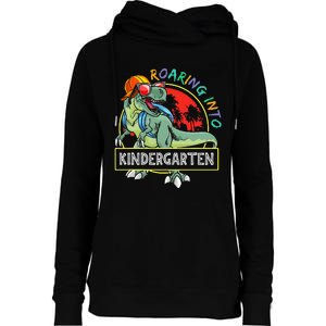 Roaring Into Kindergarten Dinosaur Trex Back To School Gift Womens Funnel Neck Pullover Hood