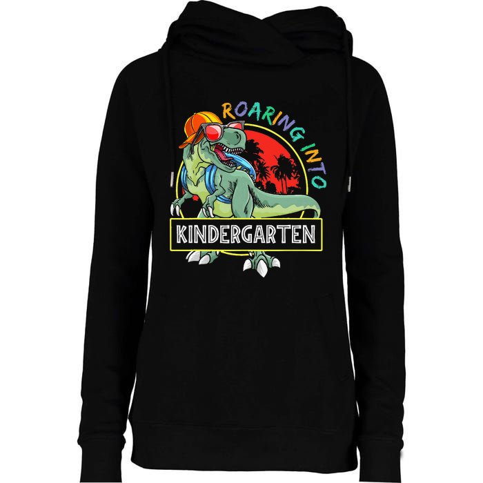 Roaring Into Kindergarten Dinosaur Trex Back To School Gift Womens Funnel Neck Pullover Hood