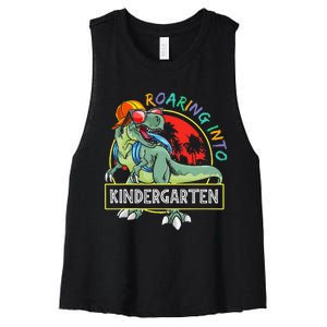 Roaring Into Kindergarten Dinosaur Trex Back To School Gift Women's Racerback Cropped Tank