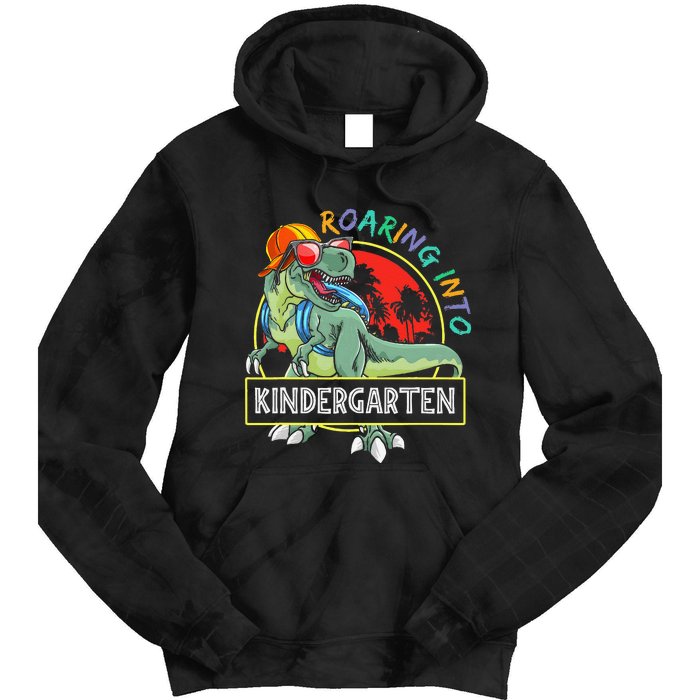 Roaring Into Kindergarten Dinosaur Trex Back To School Gift Tie Dye Hoodie