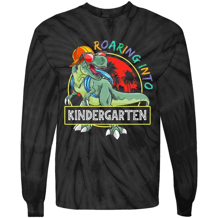 Roaring Into Kindergarten Dinosaur Trex Back To School Gift Tie-Dye Long Sleeve Shirt