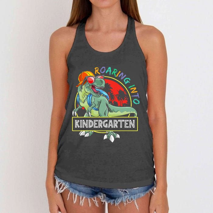 Roaring Into Kindergarten Dinosaur Trex Back To School Gift Women's Knotted Racerback Tank