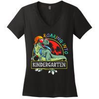 Roaring Into Kindergarten Dinosaur Trex Back To School Gift Women's V-Neck T-Shirt