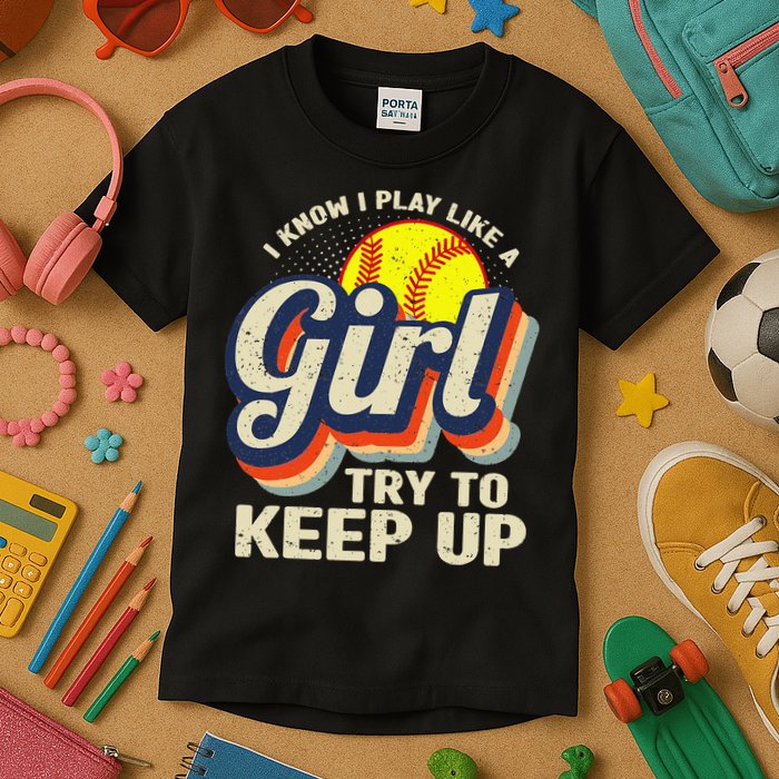 Retro I Know I Play Like A Try To Keep Up Softball Kids T-Shirt