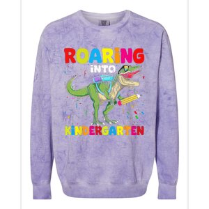 Roaring Into Kindergarten Dinosaur Back To School Colorblast Crewneck Sweatshirt