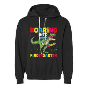 Roaring Into Kindergarten Dinosaur Back To School Garment-Dyed Fleece Hoodie