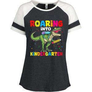 Roaring Into Kindergarten Dinosaur Back To School Enza Ladies Jersey Colorblock Tee