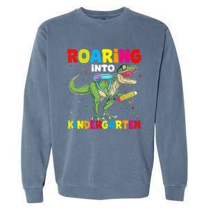 Roaring Into Kindergarten Dinosaur Back To School Garment-Dyed Sweatshirt