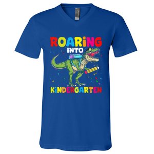 Roaring Into Kindergarten Dinosaur Back To School V-Neck T-Shirt