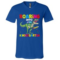 Roaring Into Kindergarten Dinosaur Back To School V-Neck T-Shirt